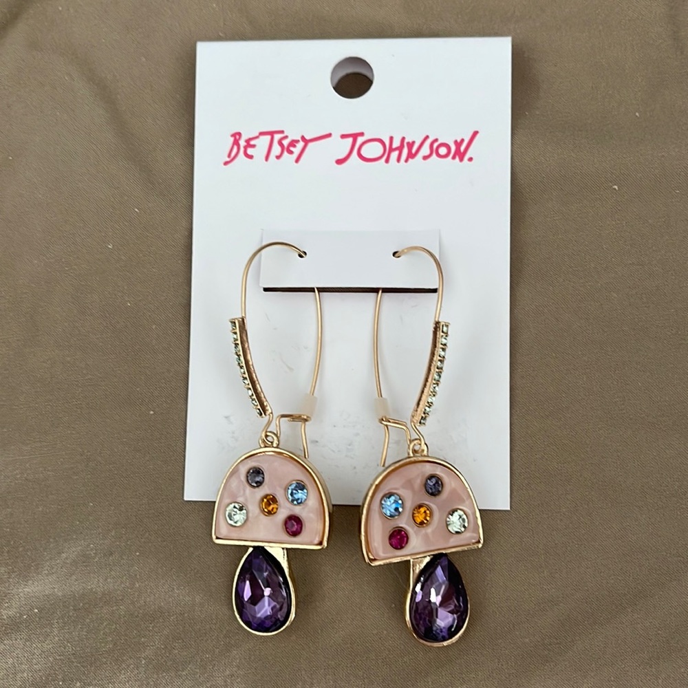 New Rare Betsey Johnson Shepherds Hook Crystal Multi Color Mushroom earrings
